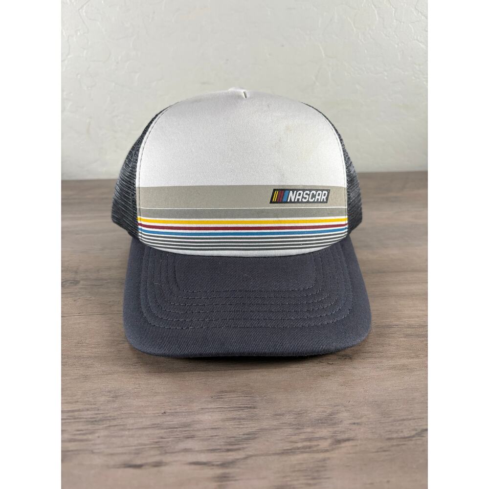 NASCAR Front‎ Stripe Snapback Trucker Hat- White Gray- New